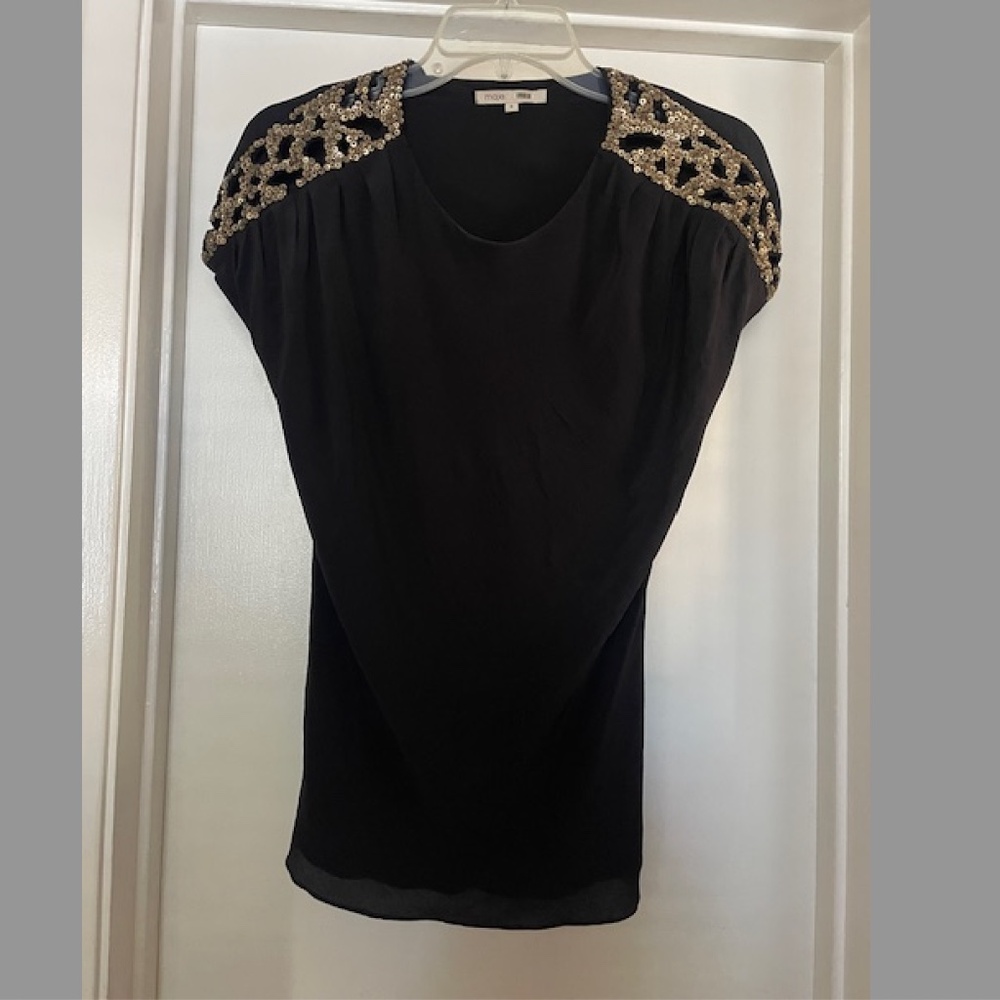 Maje Black Silk Top with Gold Sequin Cut Outs
